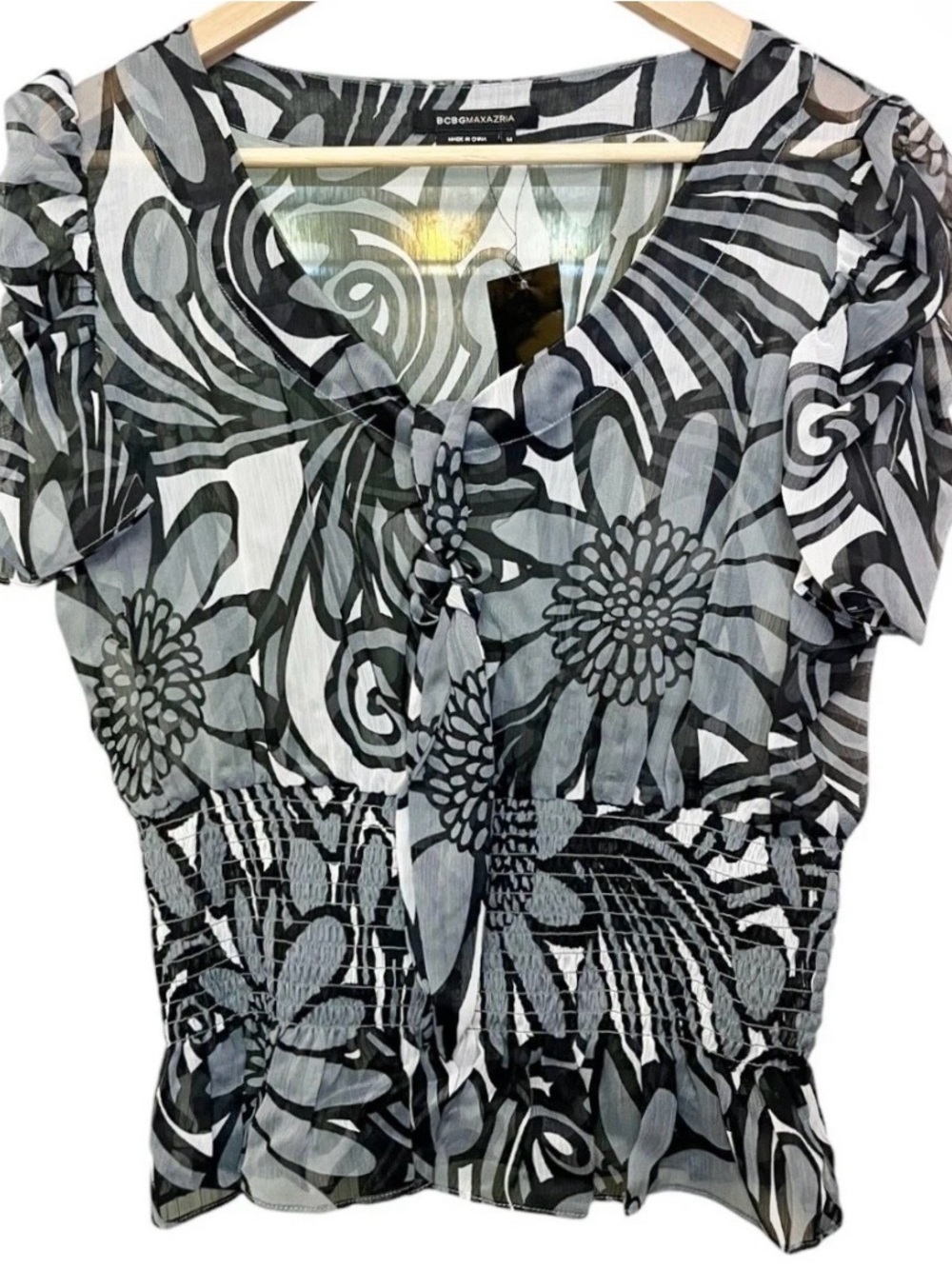 BCBGMAXAZRIA Black Gray White Floral Tie V-Neck Women's Top Smocked Waist Sz Med